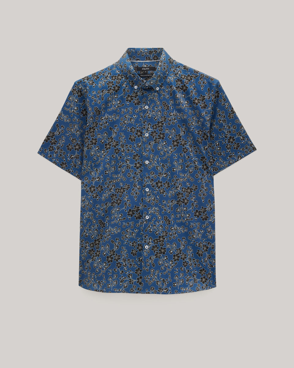 Floral Satin Button-up Shirt, Blue, hi-res